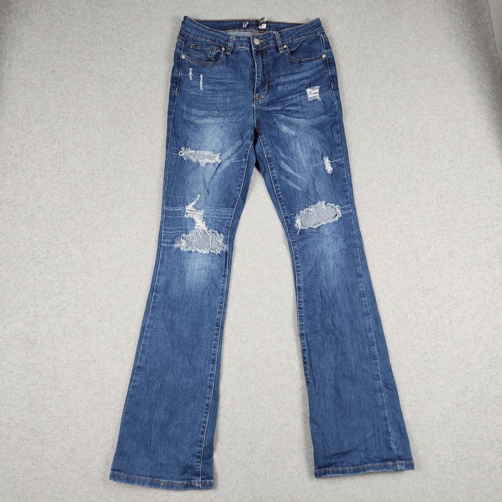rue21 Flare Jeans Womens 3 Blue Denim Cotton High Rise Stretch Boho Distressed